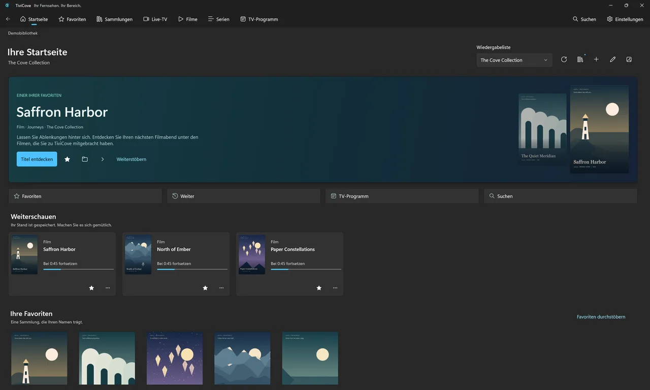 TiviCove-Startseite mit Favoriten und Fortsetzen-Bereichen