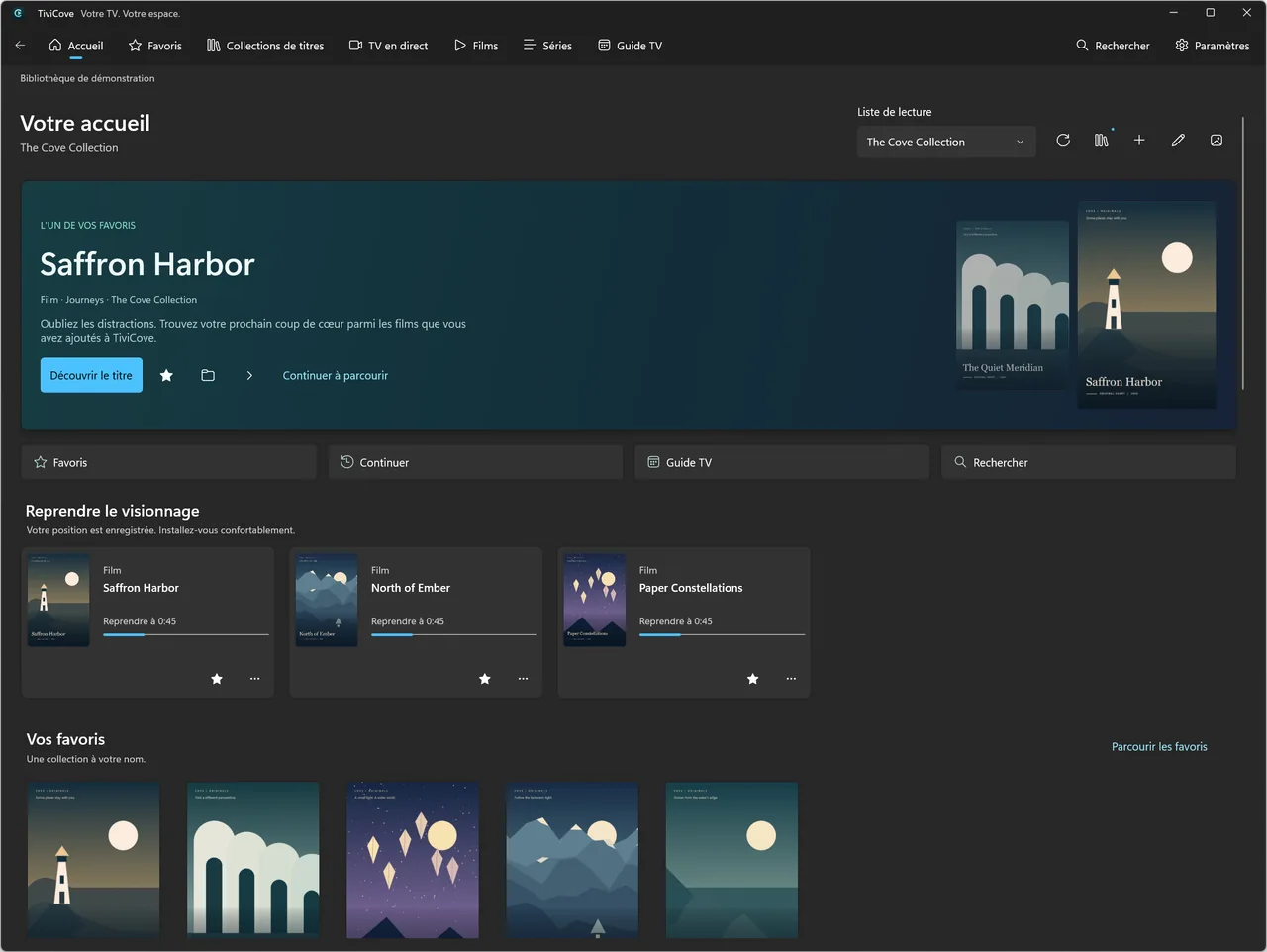 Accueil TiviCove avec favoris et reprise de lecture